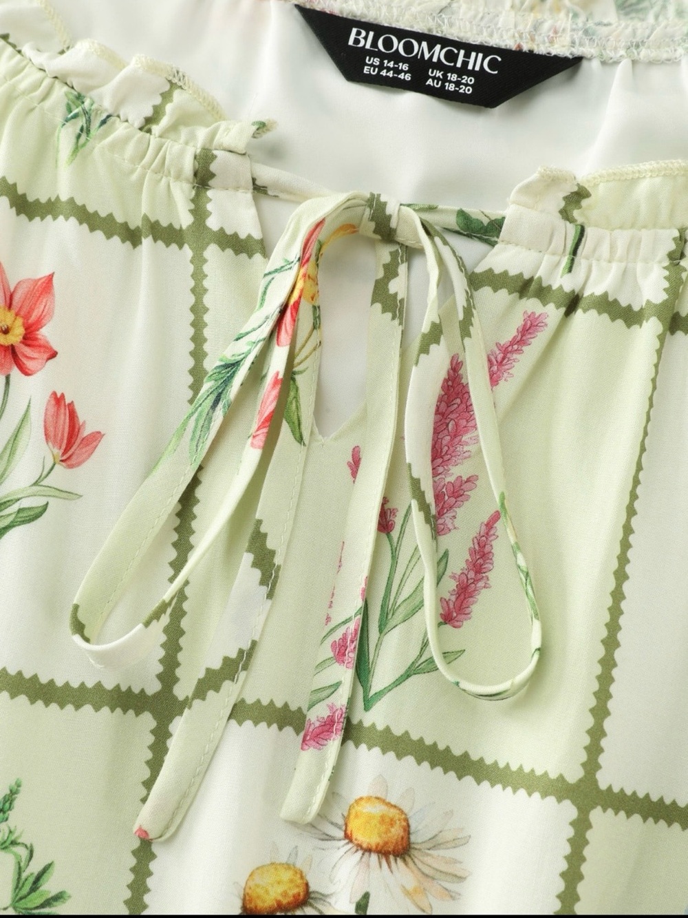 BloomChic Sage Grid Floral Midi Dress with Tie Neck size 1X (14-16) - Picture 7 of 15
